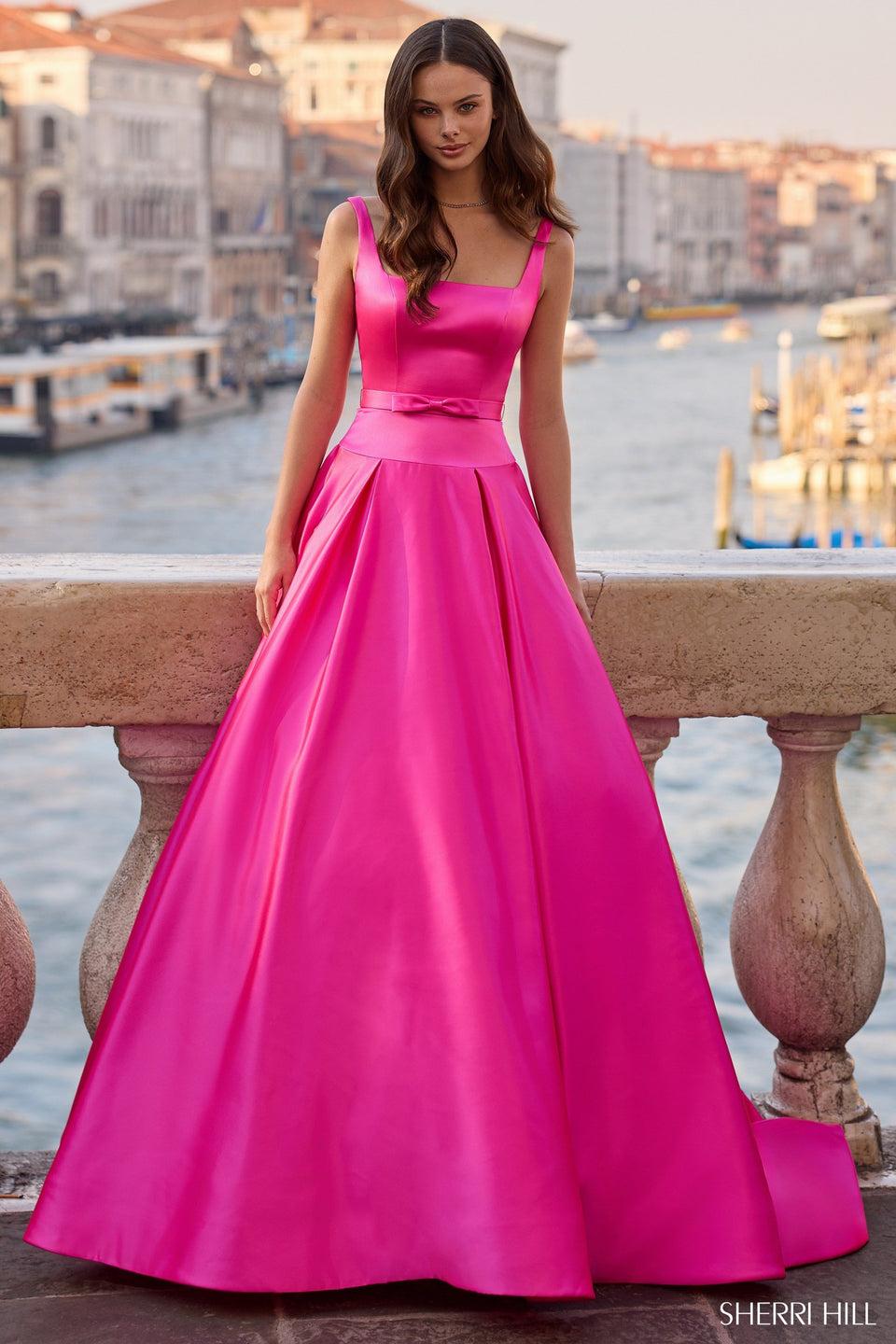Sherri Hill Satin Ballgown With Drop-waist Gown With Bow Embellishment