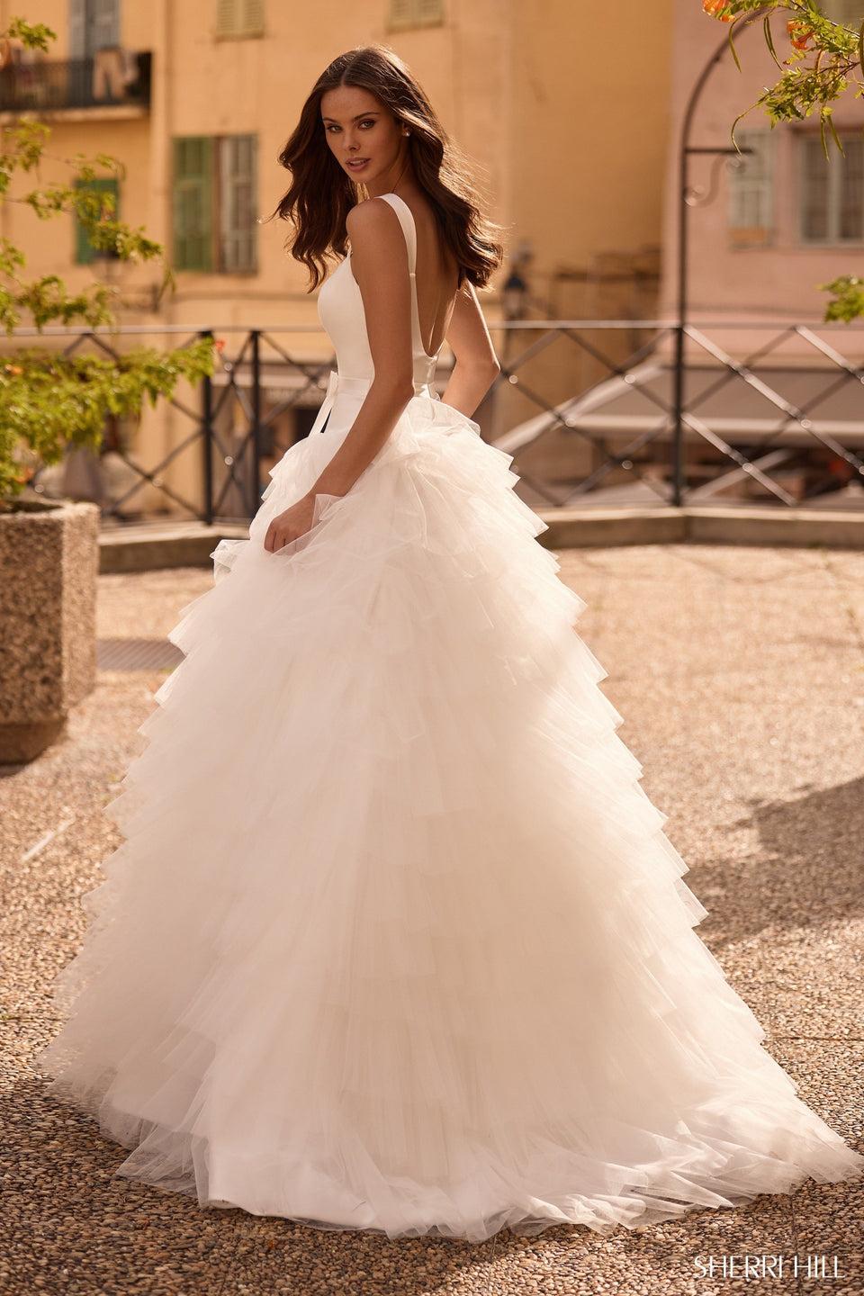 Sherri Hill Satin Bodice Ball Gown With Tulle Ruffle Skirt