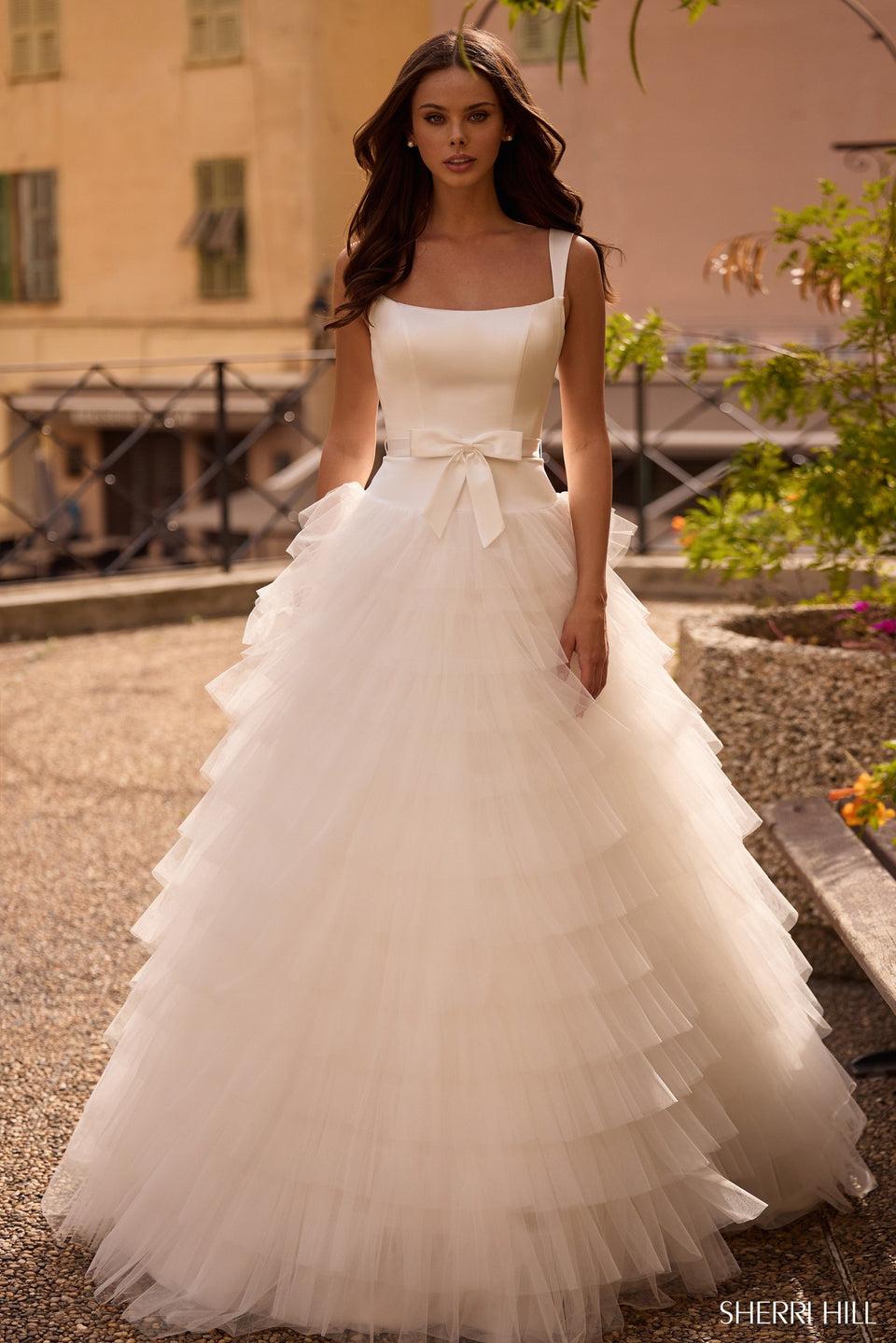 sherri hill Satin bodice ball gown with tulle ruffle skirt