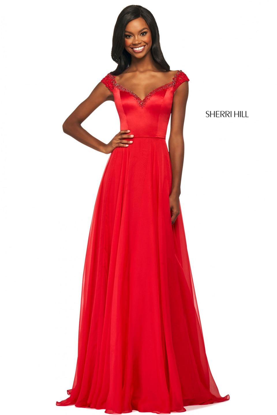 Sherri Hill Satin Bodice With Beaded Sweetheart Off-the-shoulder Bodice With Lace Cap Sleeves And Chiffon Skirt