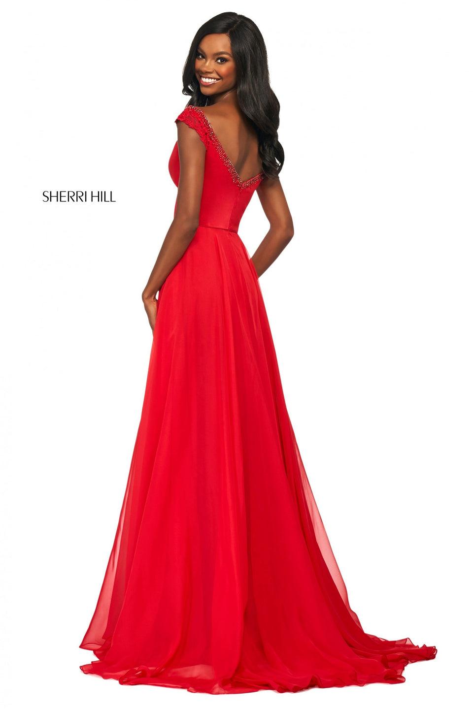 Sherri Hill Satin Bodice With Beaded Sweetheart Off-the-shoulder Bodice With Lace Cap Sleeves And Chiffon Skirt
