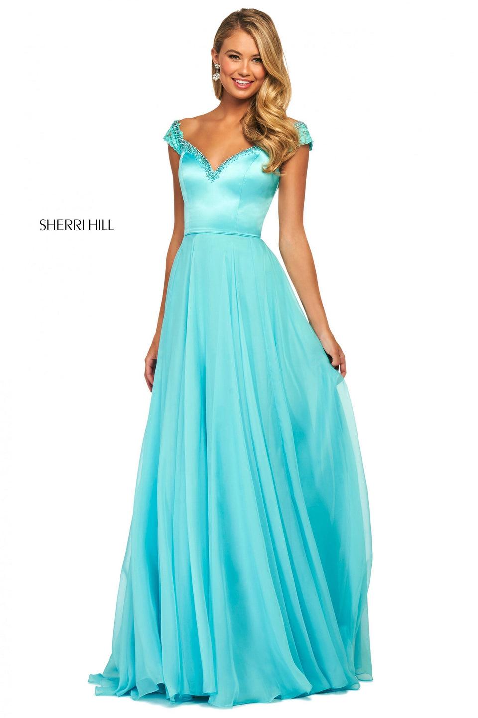 sherri hill Satin bodice with beaded sweetheart off-the-shoulder bodice with lace cap sleeves and chiffon skirt