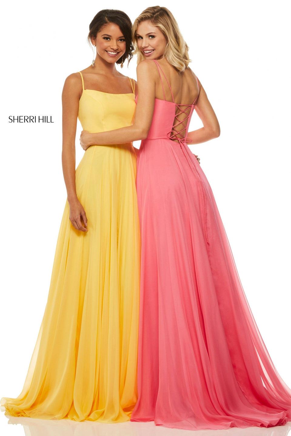 Sherri Hill Satin Bodice With Corset Style Lace Up Back And Chiffon Skirt
