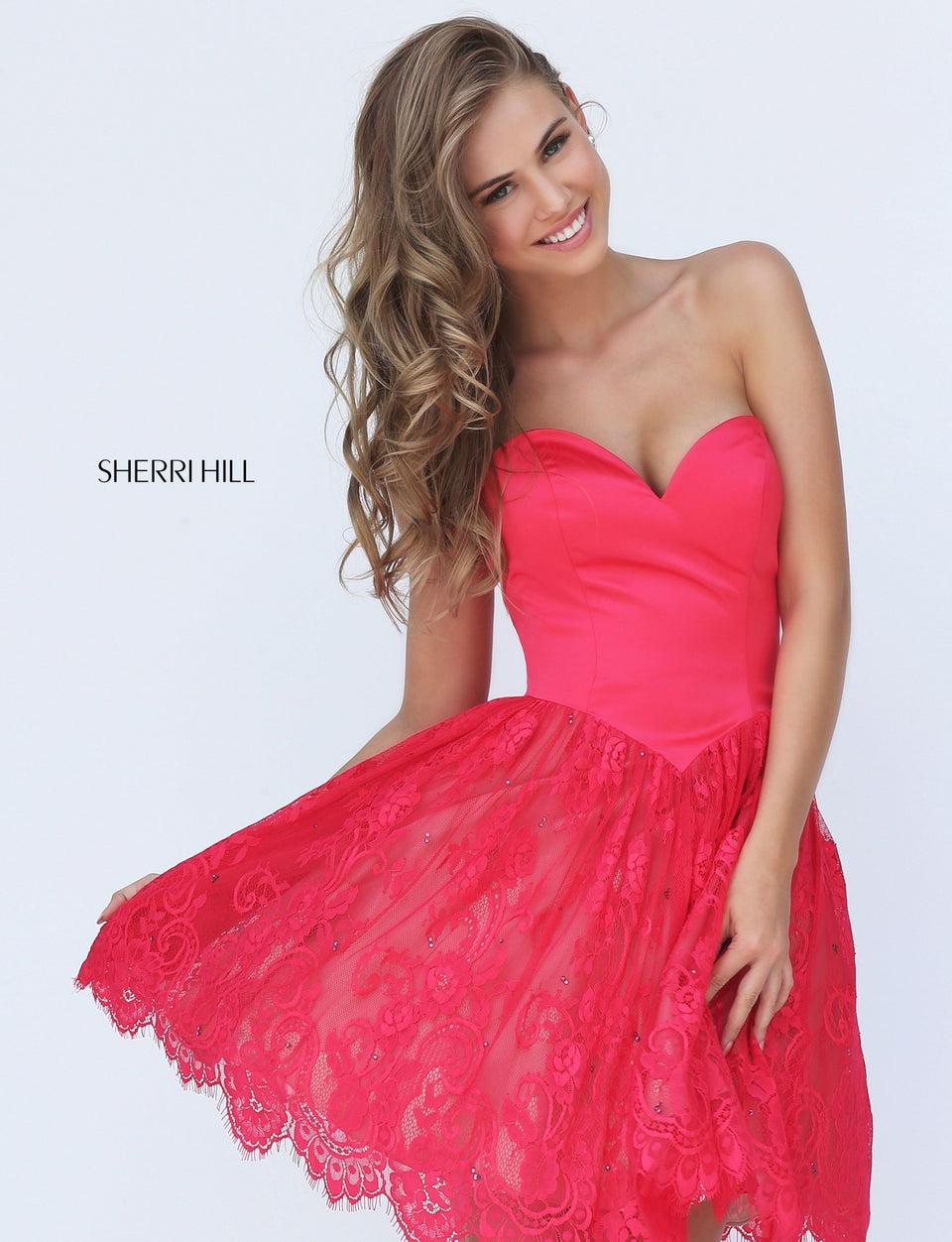 sherri hill Satin bodice with strapless sweetheart neckline bodice with lace A-line cocktail length skirt
