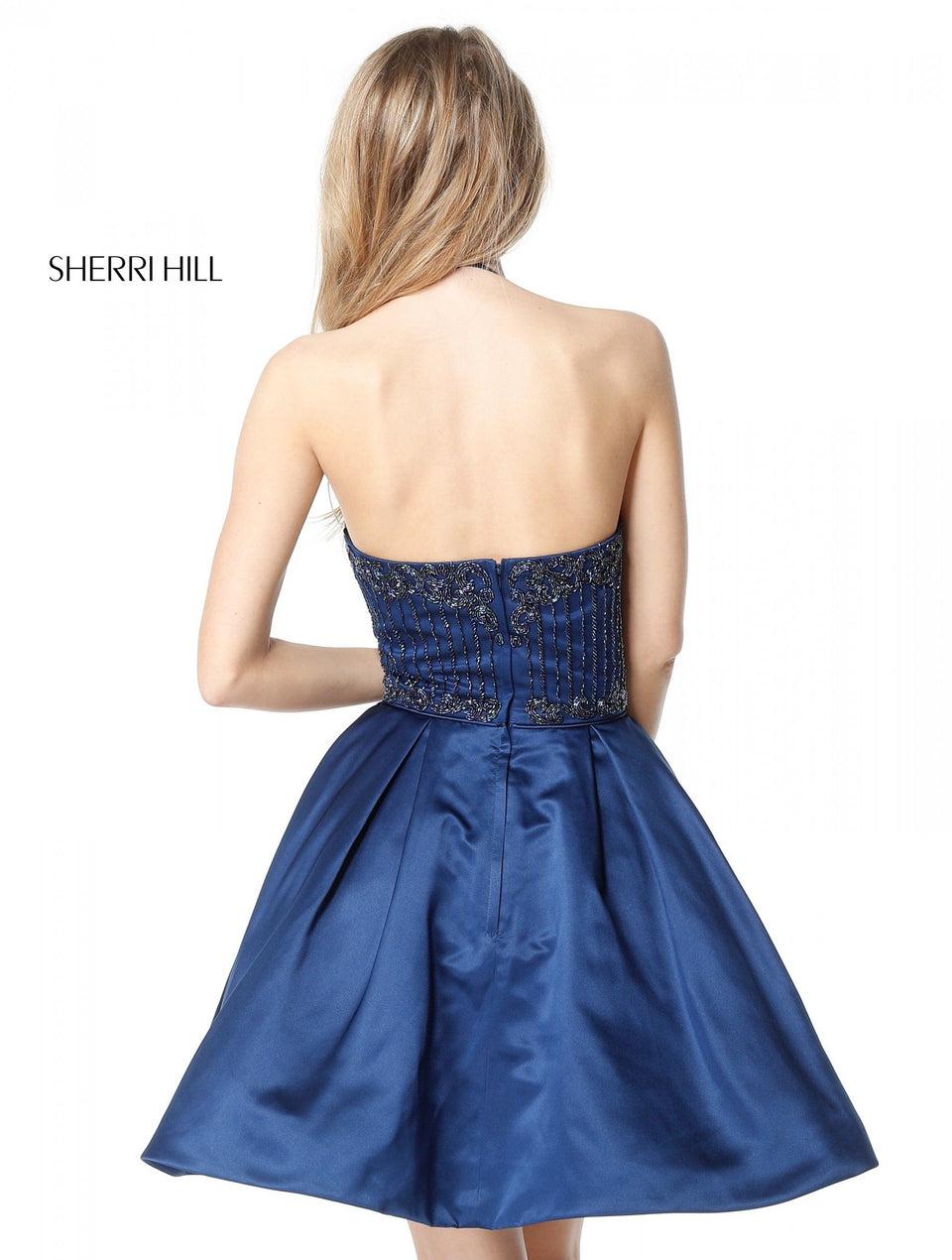 Sherri Hill Satin Cocktail Dress With Beaded Halter Bodice And A-line Cocktail Skirt