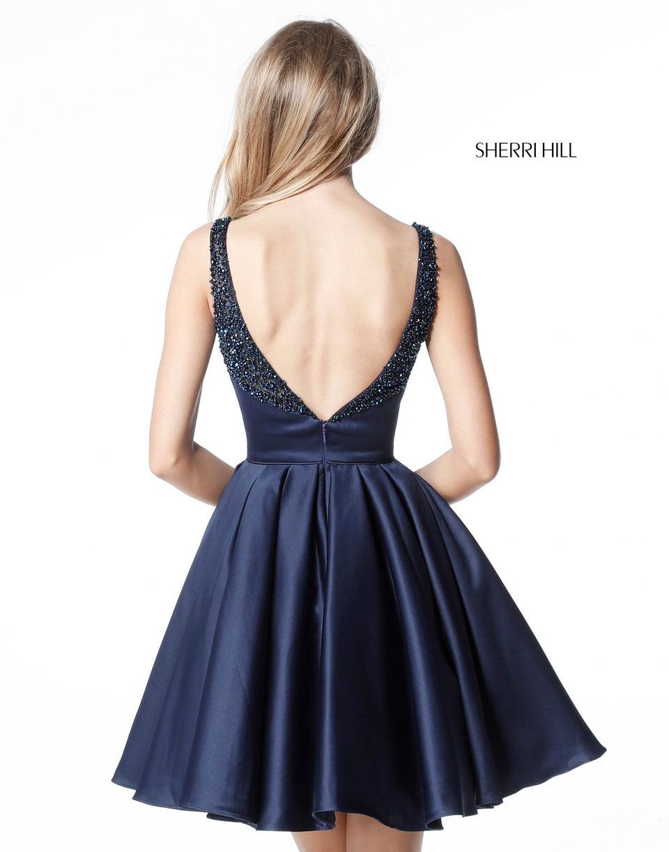 Sherri Hill Satin Cocktail With Beaded Neck And Low Open Back