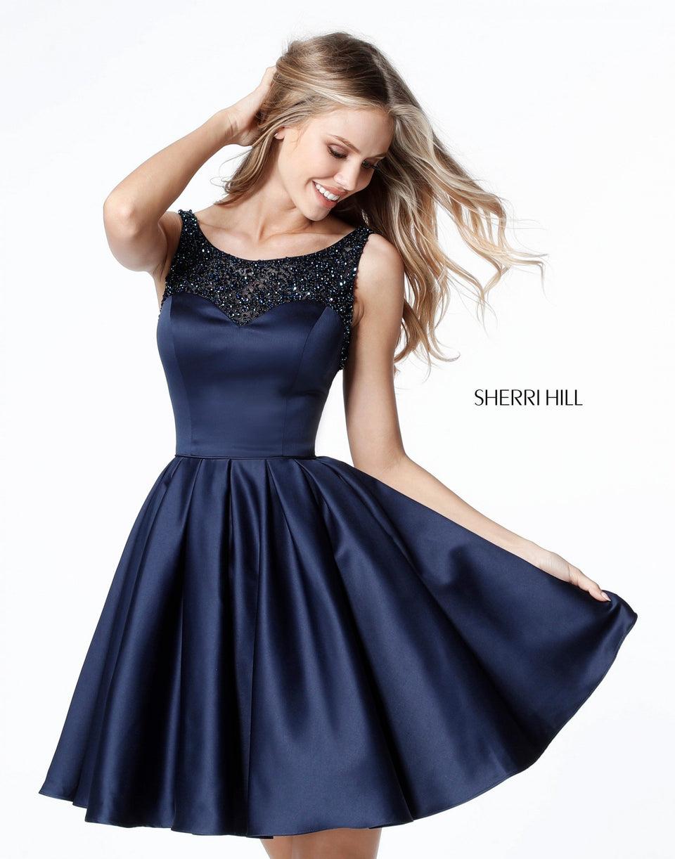 sherri hill Satin cocktail with beaded neck and low open back