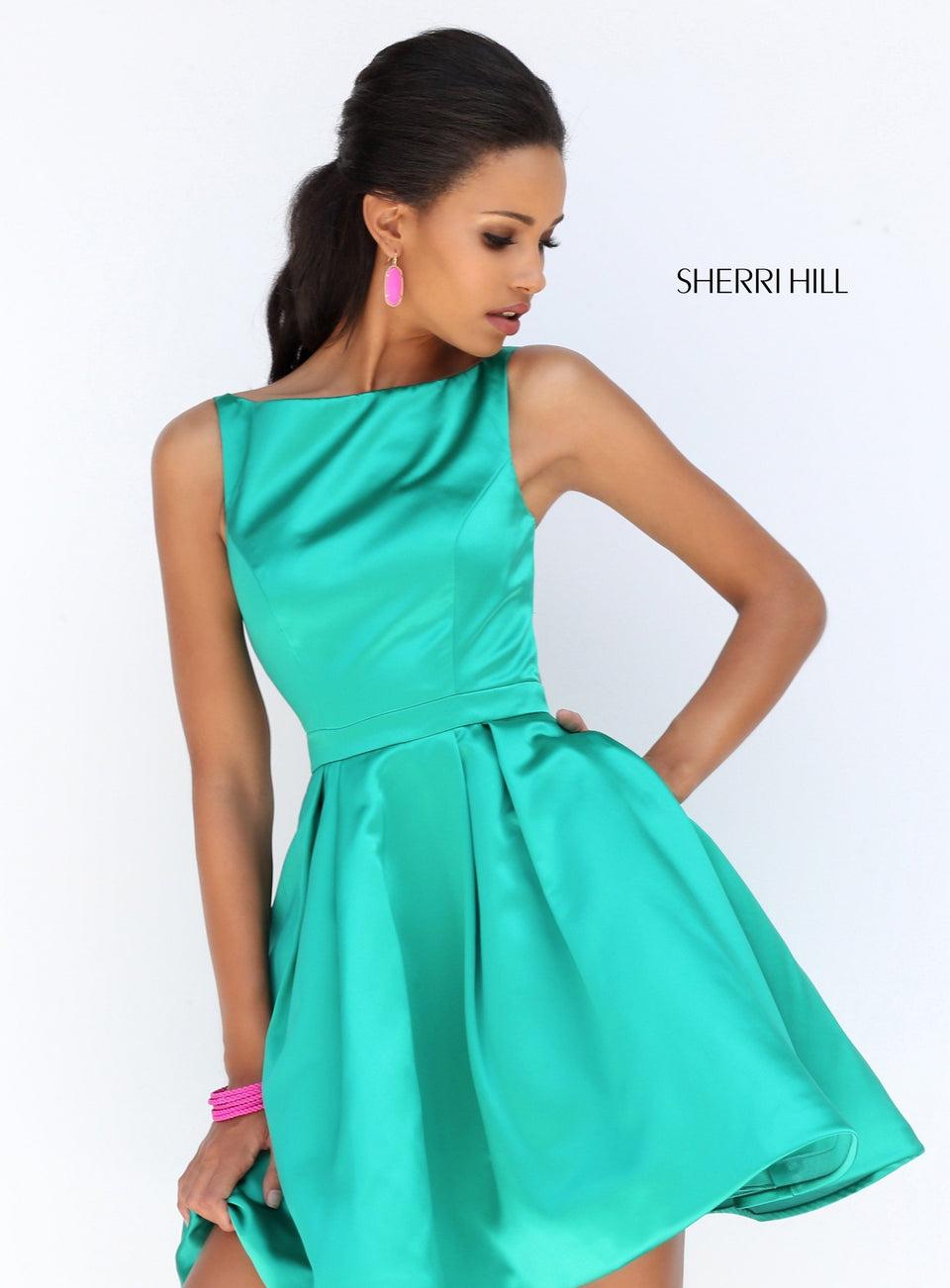 Sherri Hill Satin Cocktail With Boat Neck Bodice Cut Out Back
