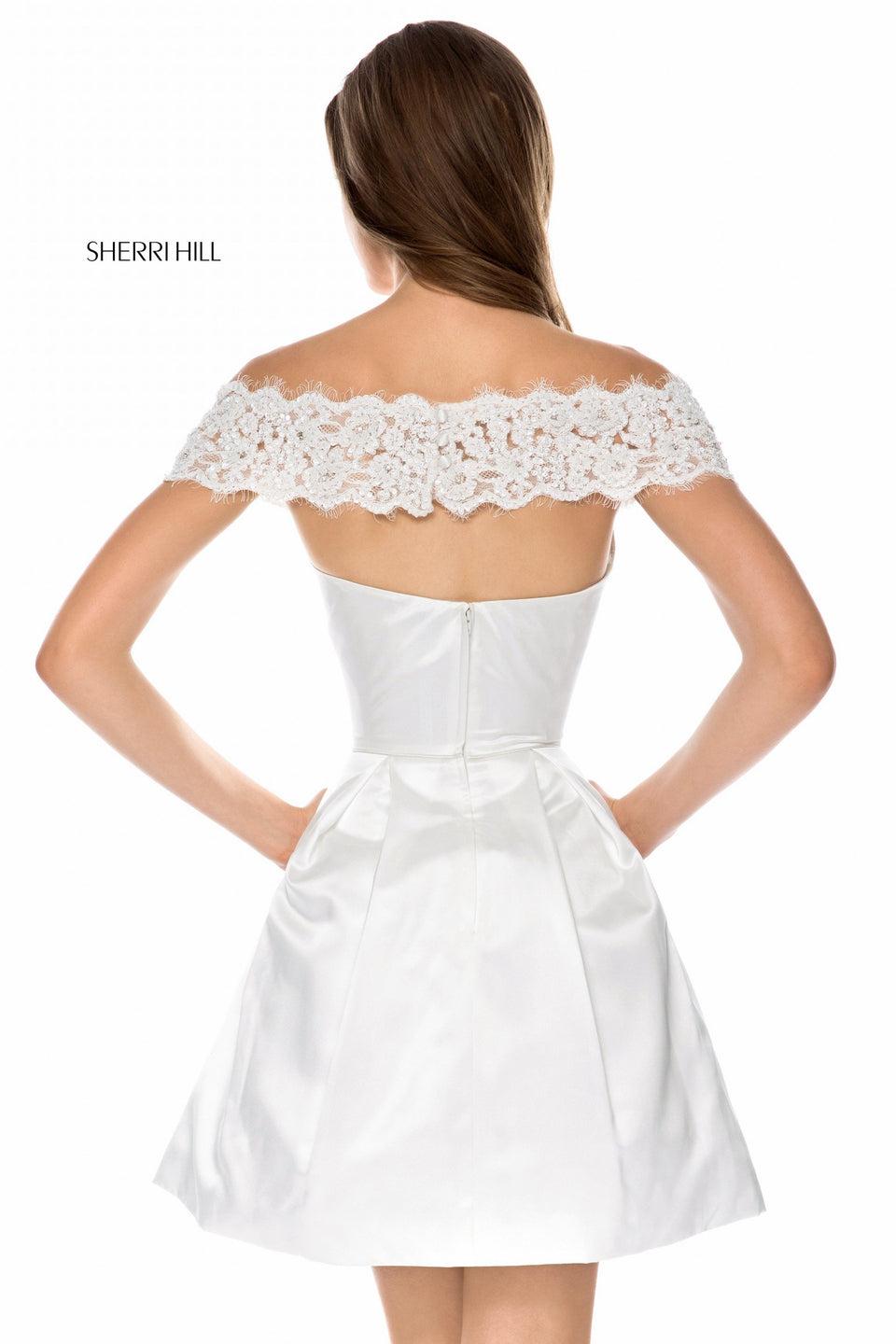 Sherri Hill Satin Cocktail With Lace Appliqued Off Shoulder Band And A-line Skirt