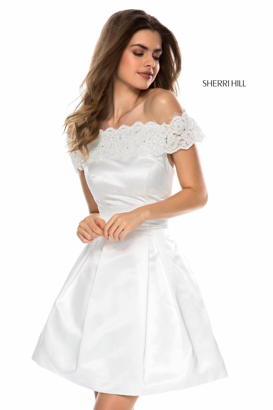 sherri hill Satin cocktail with lace appliqued off shoulder band and A-line skirt