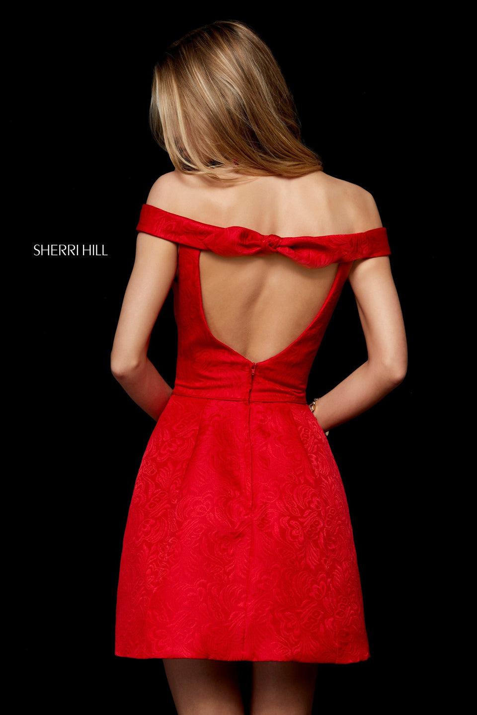 Sherri Hill Satin Cocktail With Off-the-shoulder Sleeves And Open Back