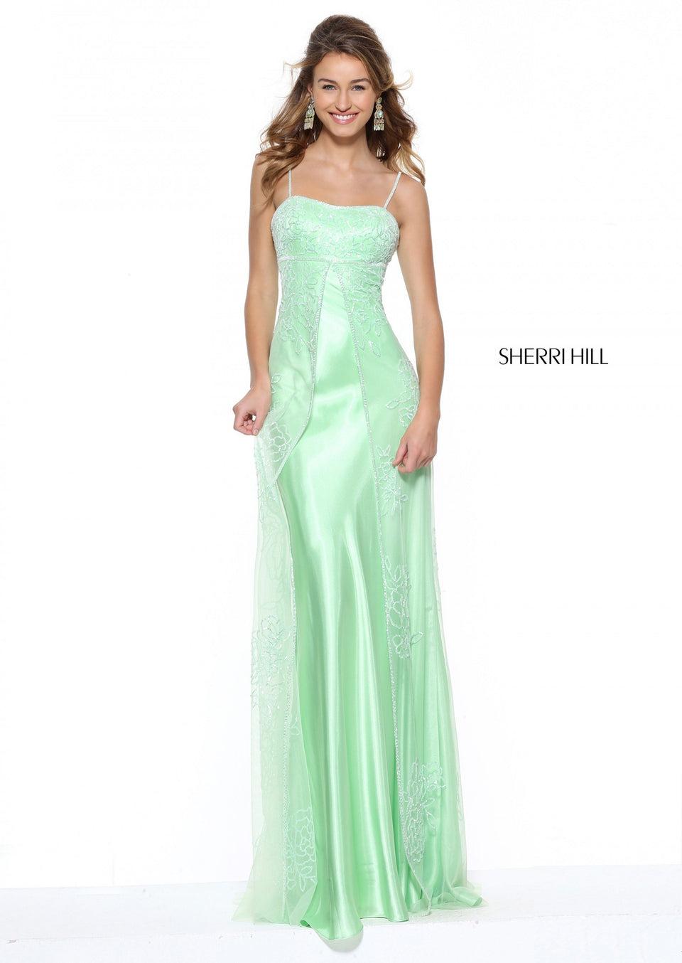 Sherri Hill Satin Column With A Tulle Sequin Overlay