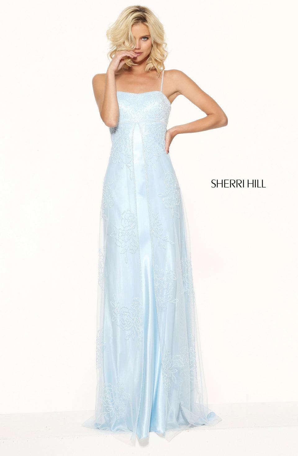 sherri hill Satin column with a tulle sequin overlay