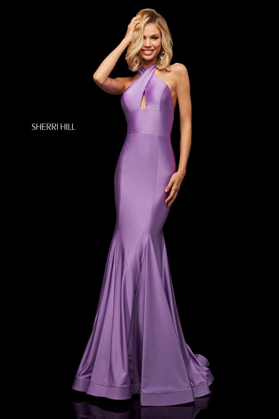 sherri hill Satin criss-cross halter neckline fit-and-flare
