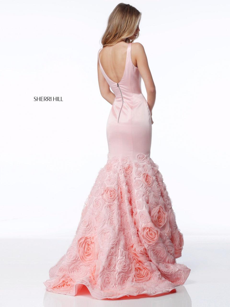 Sherri Hill Satin Deep V Bodice With Rose Appliqued Mermaid Skirt