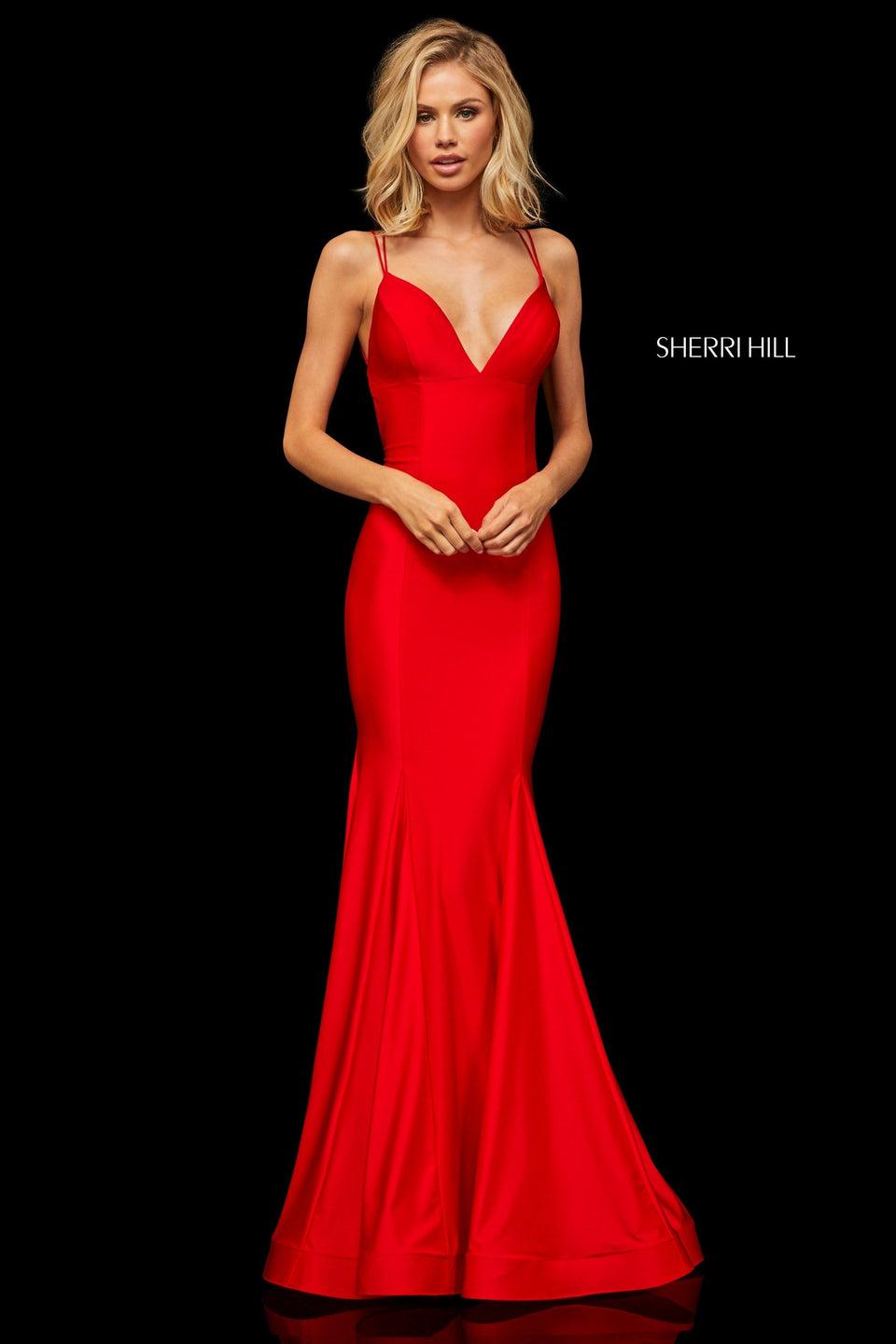Sherri Hill Satin Fit-and-flare With A Deep-V Neckline And Lace Up Back