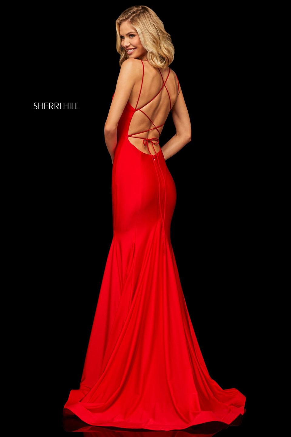 sherri hill Satin fit-and-flare with a deep-V neckline and lace up back