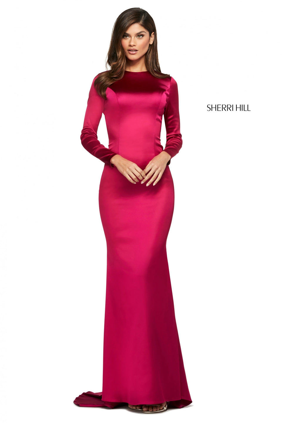 Sherri Hill Satin Fitted Dress With Long Sleeves Open Back And Ruched Lower Back