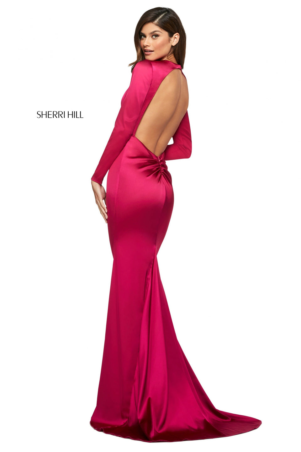 sherri hill Satin fitted dress with long sleeves open back and ruched lower back