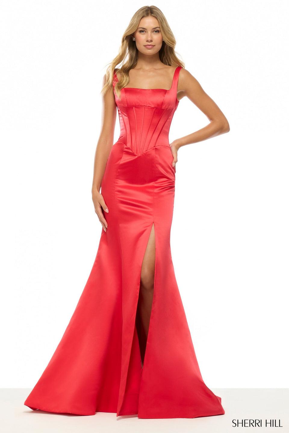 Sherri Hill Satin Fitted Gown With Corset Bodice And A Skirt Slit