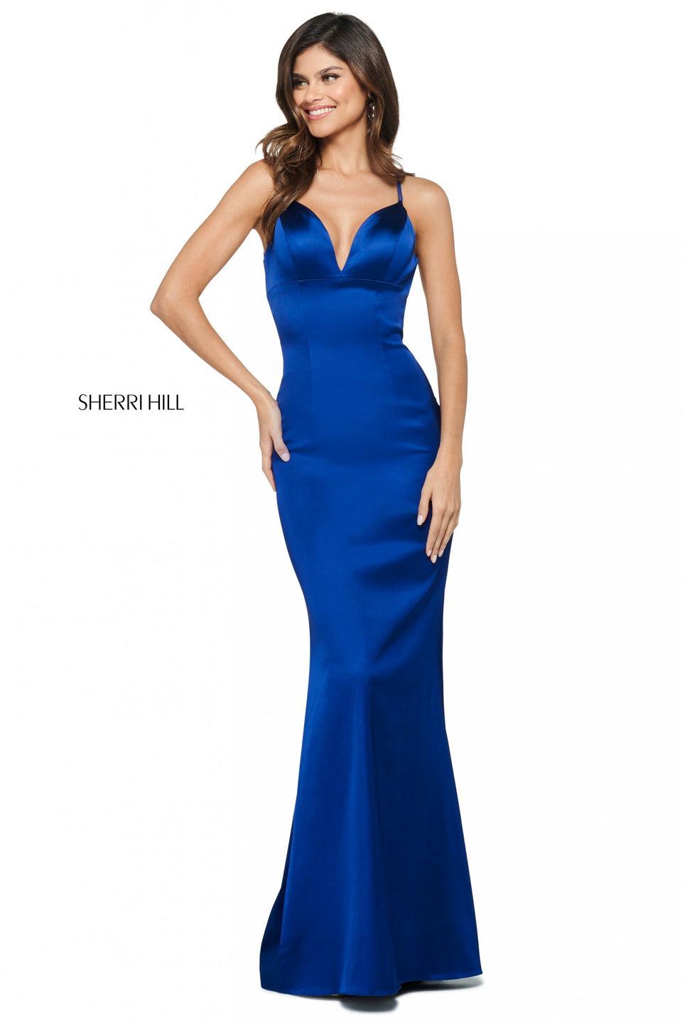 Sherri Hill Satin Fitted Gown With Deep Sweetheart Neckline And Open Back With Ruched Lower Back