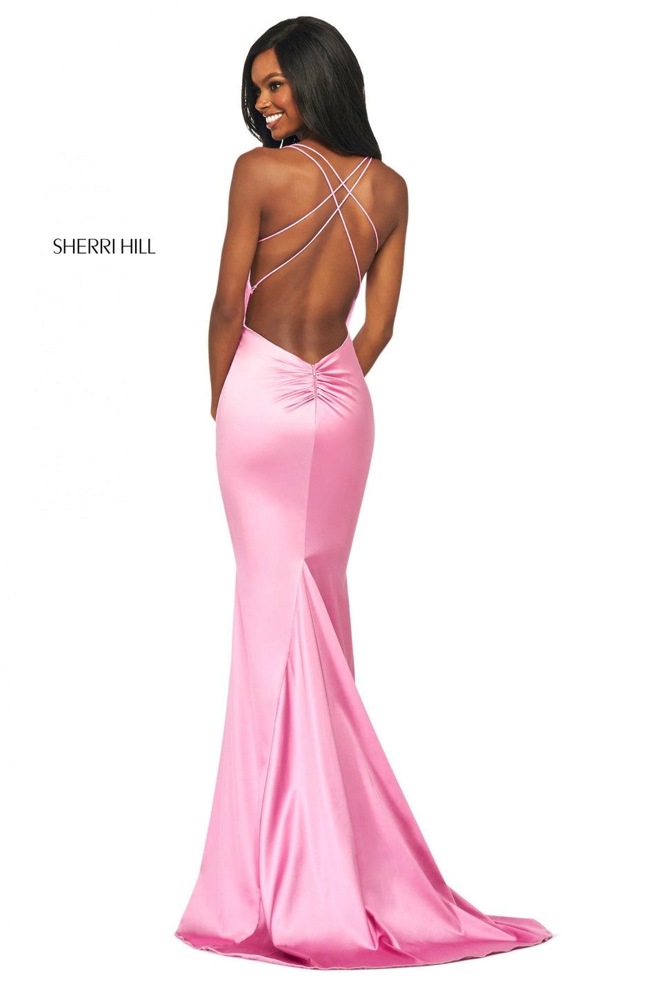 Sherri Hill Satin Fitted Gown With Deep Sweetheart Neckline And Open Back With Ruched Lower Back
