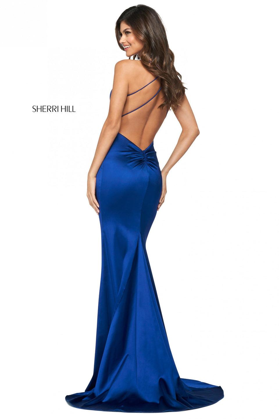 sherri hill Satin fitted gown with deep sweetheart neckline and open back with ruched lower back