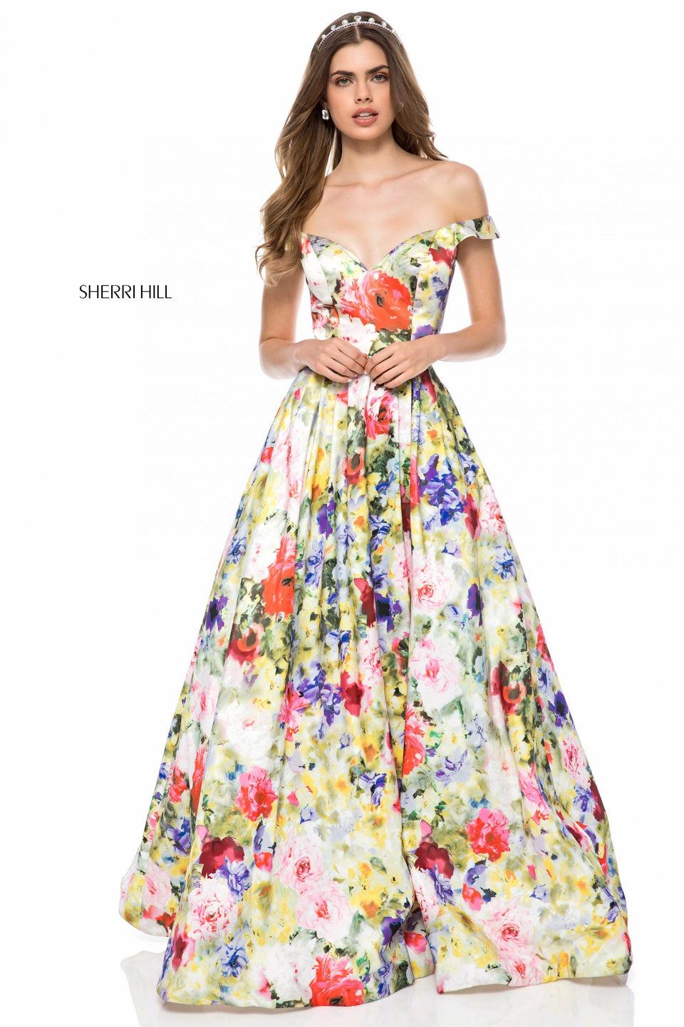 sherri hill Satin floral print A-line with sweetheart bodice and off shoulder straps