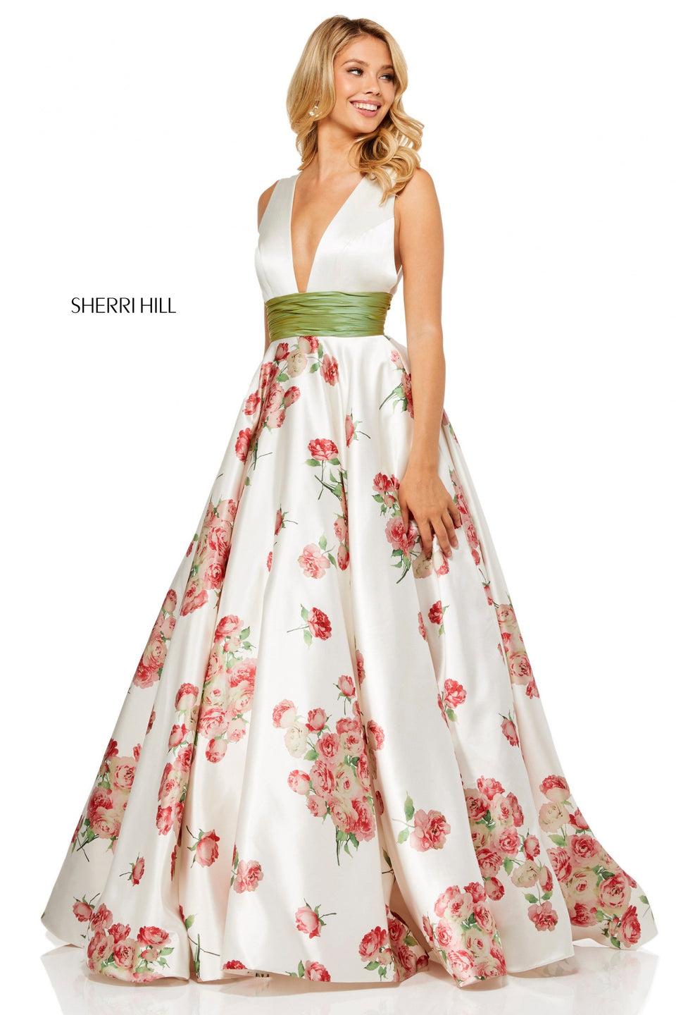 Sherri Hill Satin Floral Print Ball Gown With Plunging Neckline And Back With A Ruched Waistband