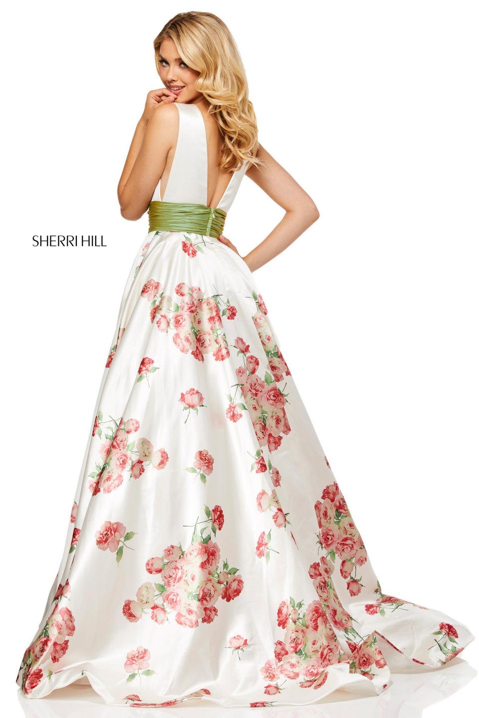 sherri hill Satin floral print ball gown with plunging neckline and back with a ruched waistband