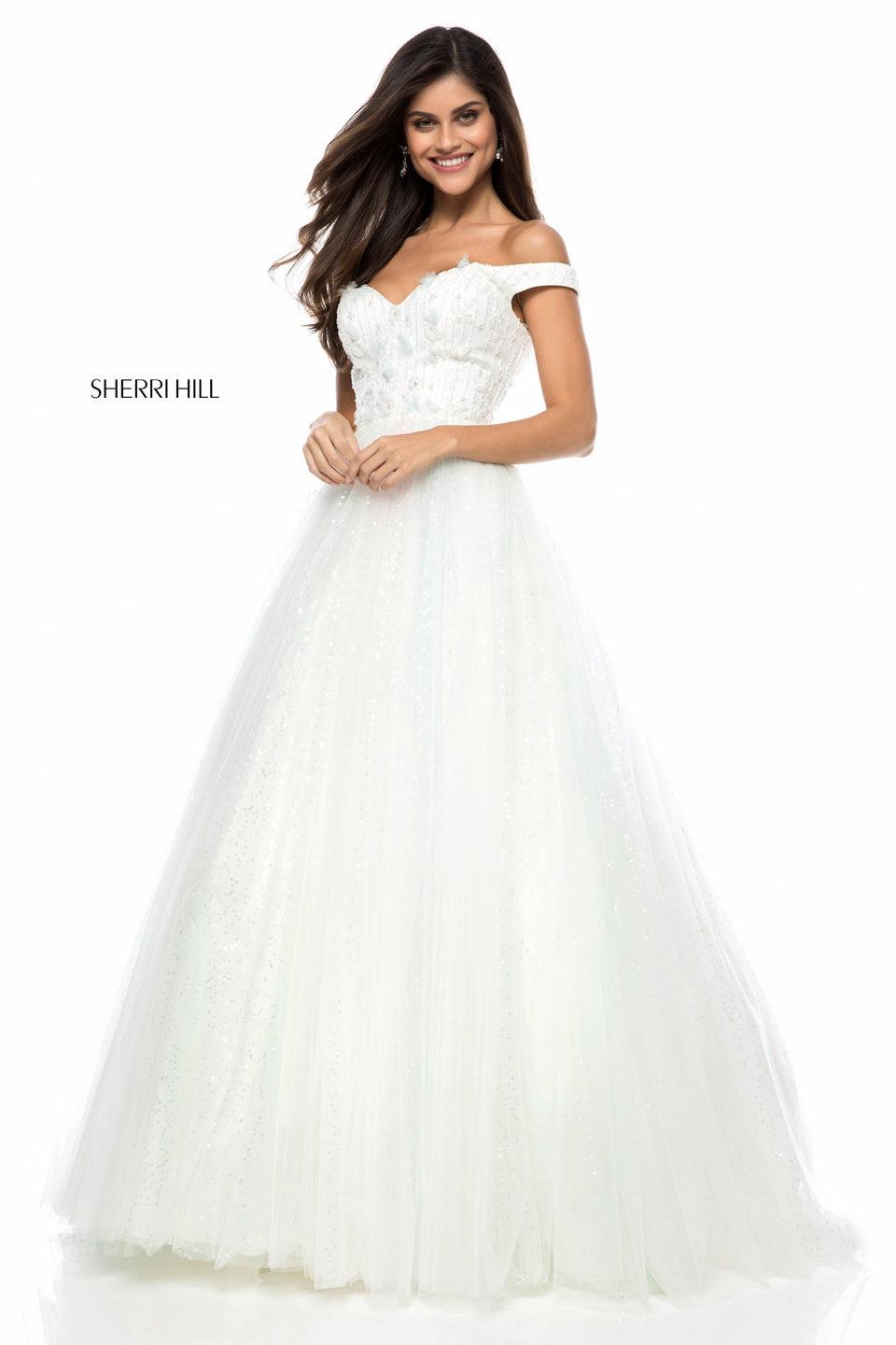 Sherri Hill Satin Flower Appliqued Bodice With Off Shoulder Straps And Tulle Ball Gown Skirt