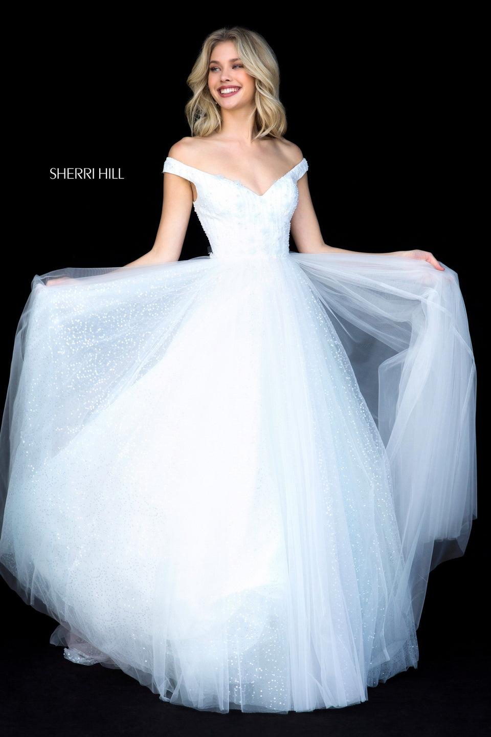 Sherri Hill Satin Flower Appliqued Bodice With Off Shoulder Straps And Tulle Ball Gown Skirt
