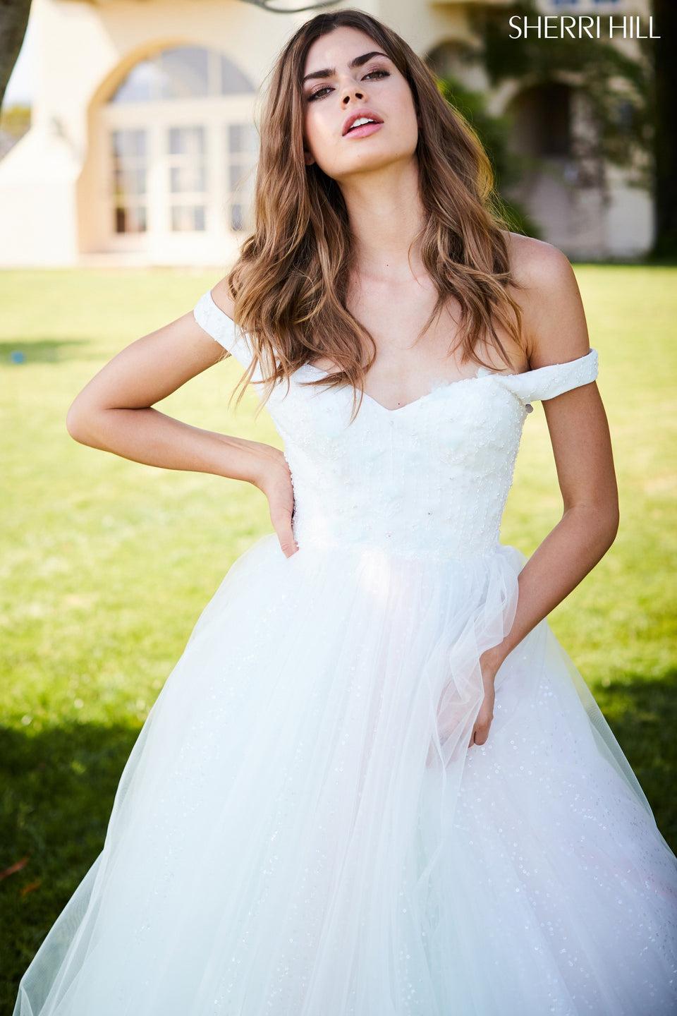 sherri hill Satin flower appliqued bodice with off shoulder straps and tulle ball gown skirt
