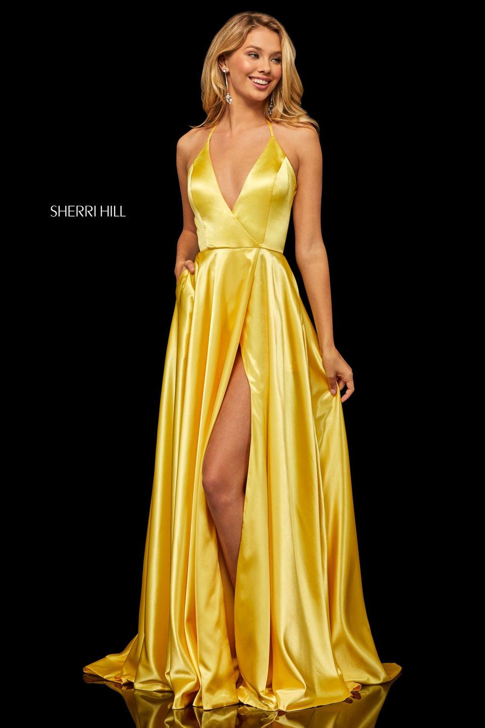 Sherri Hill Satin Gown With Deep V Halter Neckline And High Skirt Slit