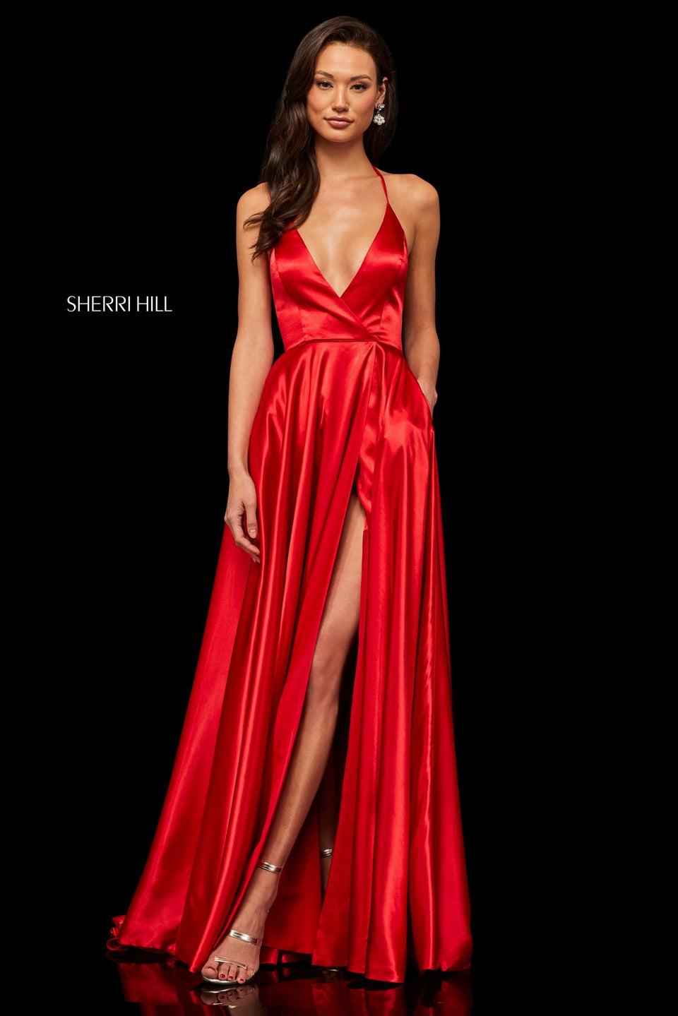 Sherri Hill Satin Gown With Deep V Halter Neckline And High Skirt Slit
