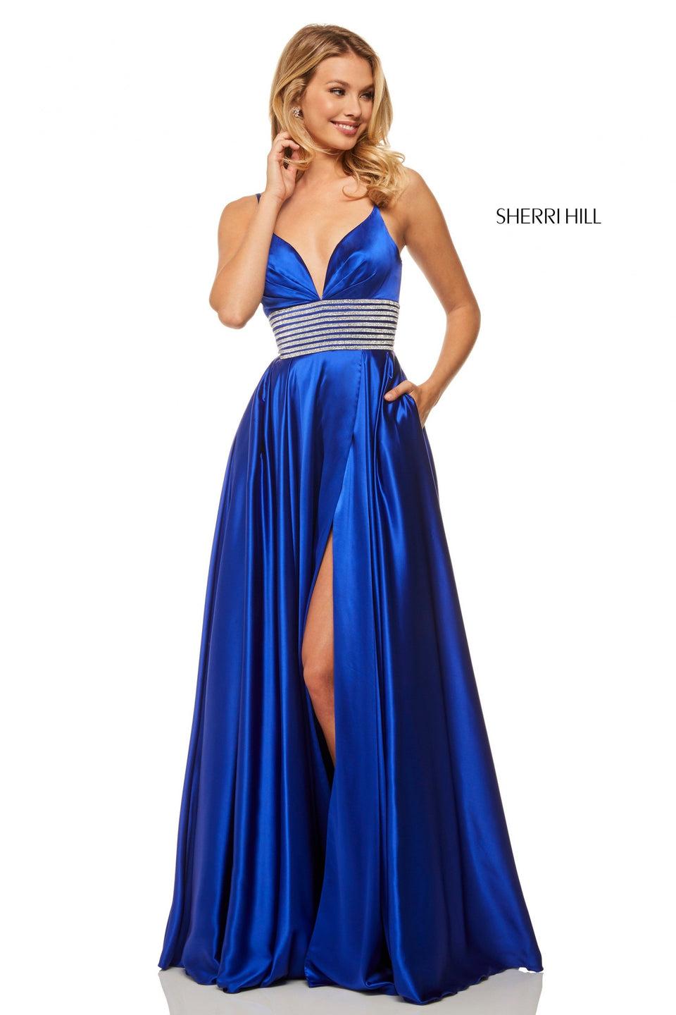 Sherri Hill Satin Gown With Deep-V Neckline And Pleated Bust Bodice With Jewel Encrusted Waistband And Skirt Slit