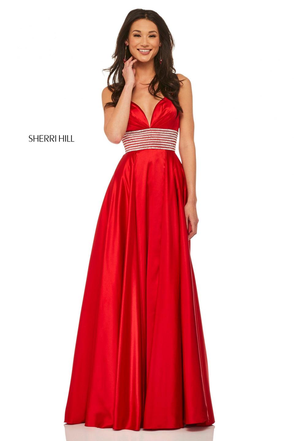 Sherri Hill Satin Gown With Deep-V Neckline And Pleated Bust Bodice With Jewel Encrusted Waistband And Skirt Slit