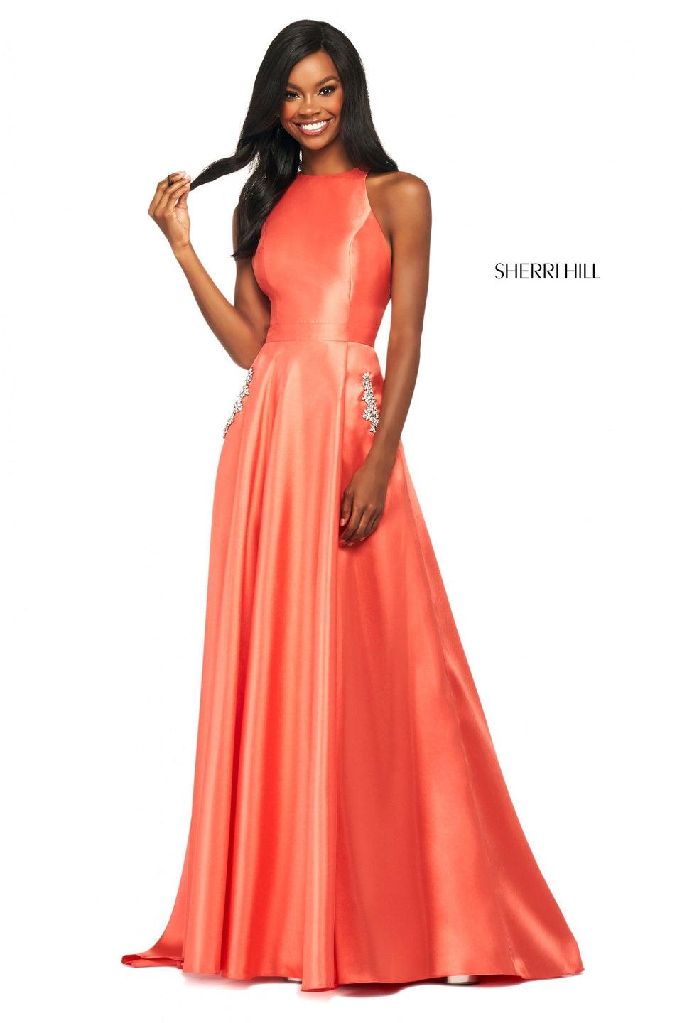 Sherri Hill Satin Gown With High Cut Halter Style Neckline And Embellished Skirt Pockets