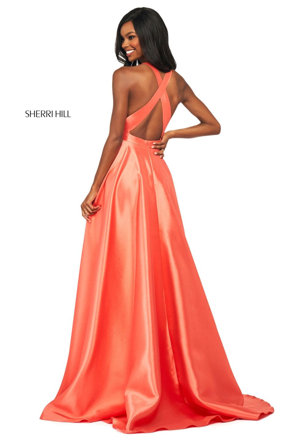 Sherri Hill Satin Gown With High Cut Halter Style Neckline And Embellished Skirt Pockets
