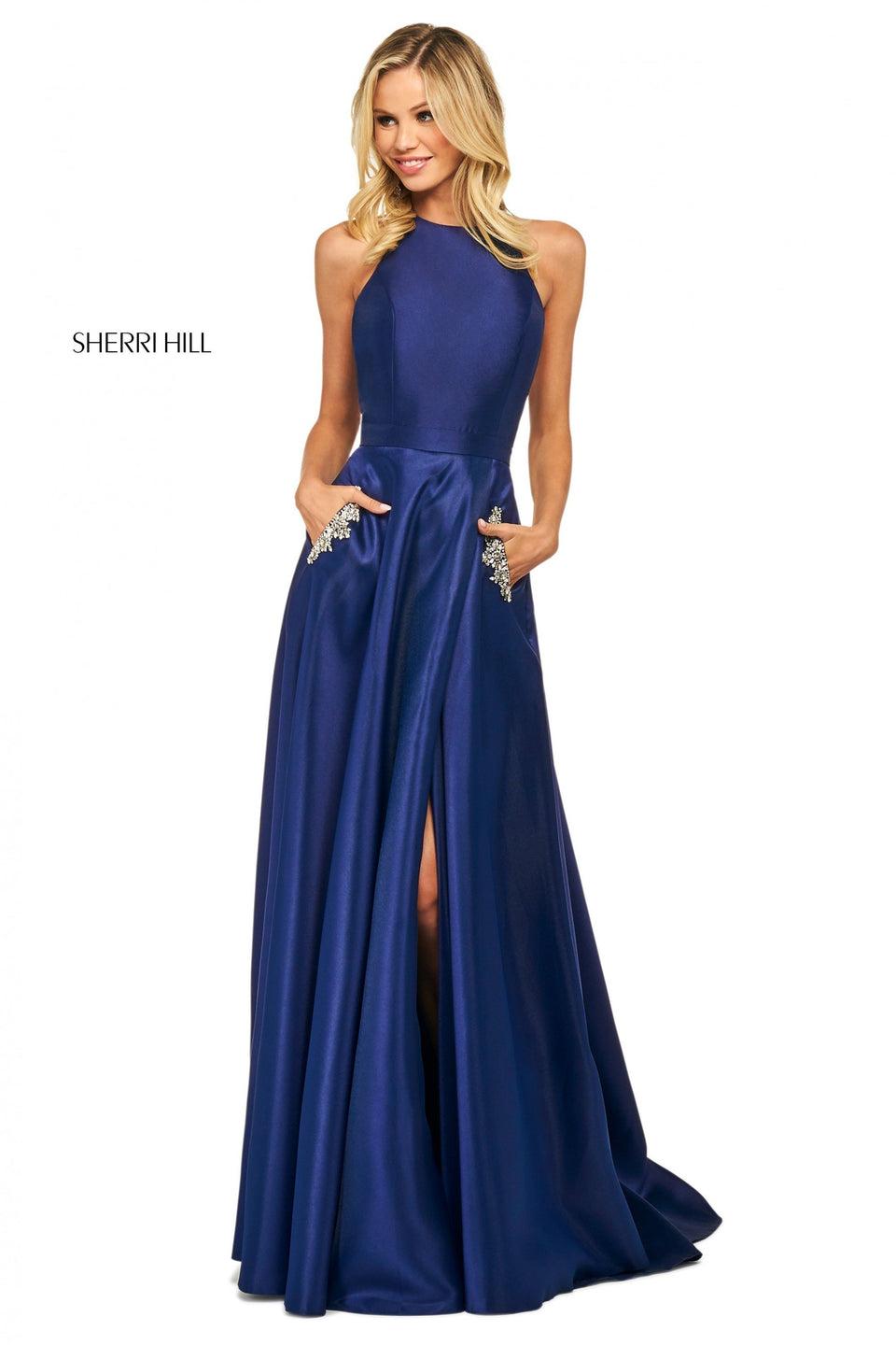 Sherri Hill Satin Gown With High Cut Halter Style Neckline And Embellished Skirt Pockets