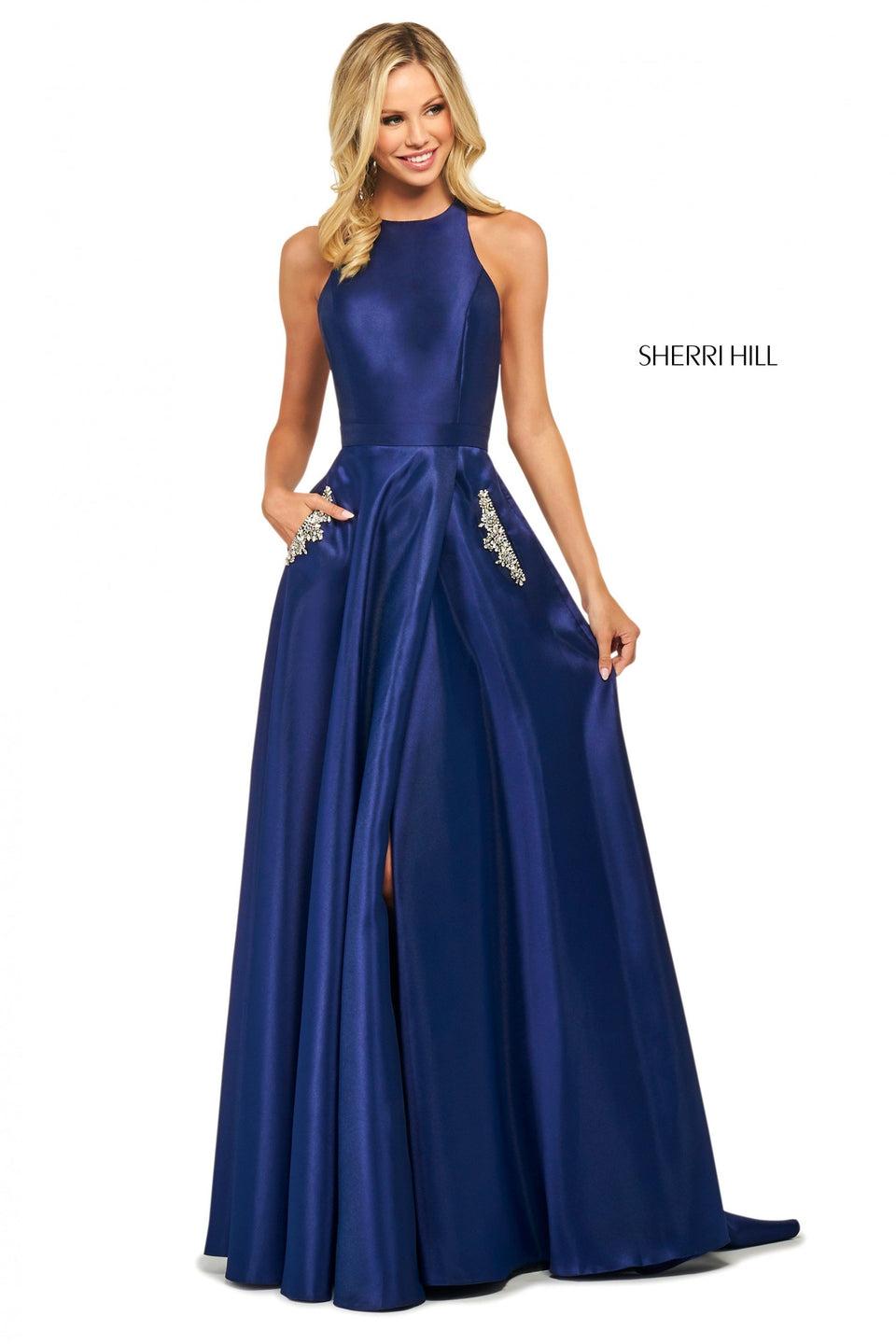 sherri hill Satin gown with high cut halter style neckline and embellished skirt pockets