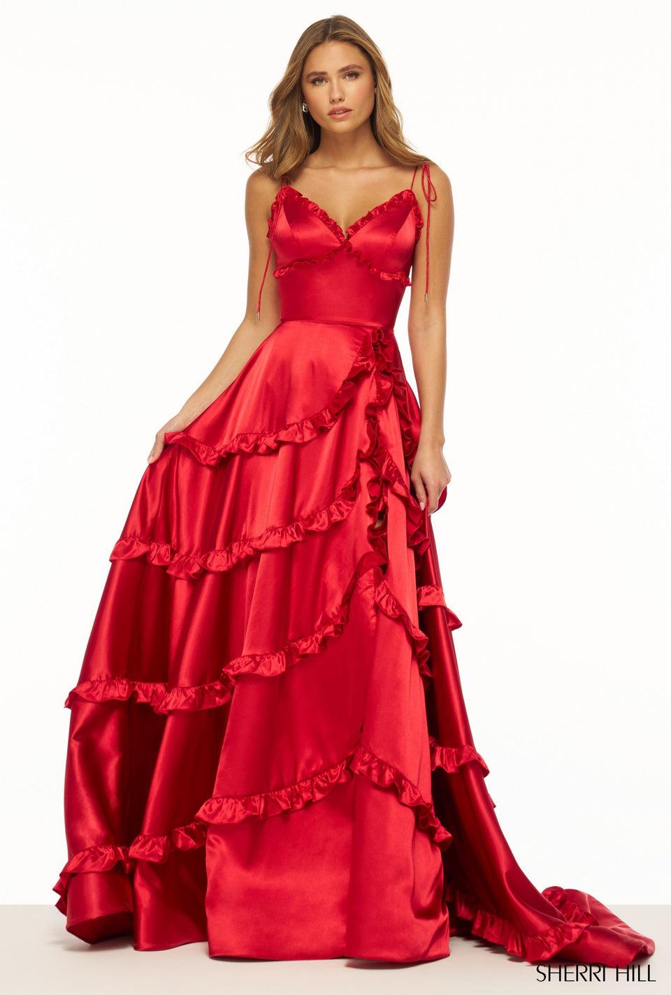Sherri Hill Satin Gown With Ruffle Embellishments And Skirt Slit