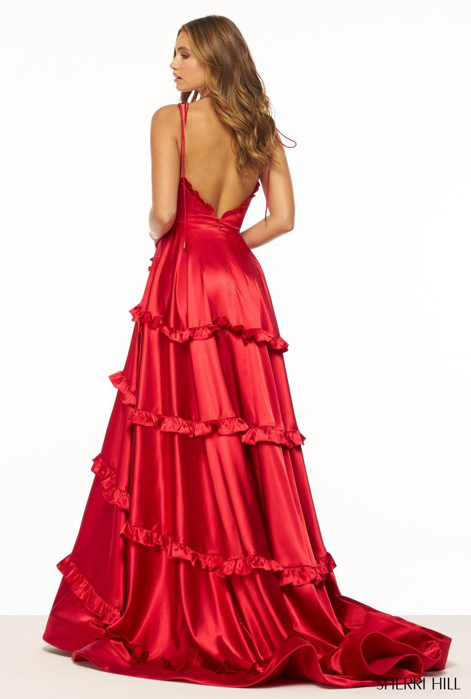Sherri Hill Satin Gown With Ruffle Embellishments And Skirt Slit