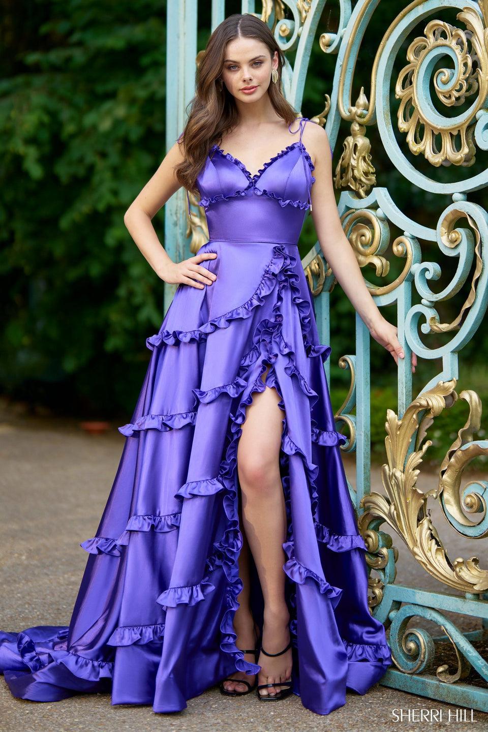 Sherri Hill Satin Gown With Ruffle Embellishments And Skirt Slit