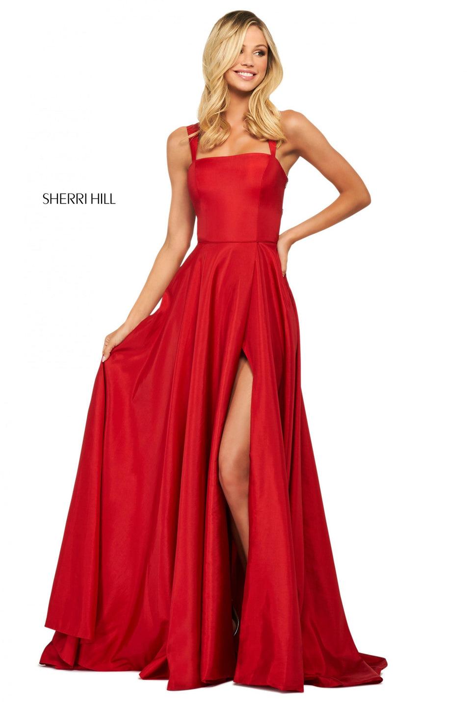 Sherri Hill Satin Gown With Skirt Slit Straight Neckline Thick Straps And Beaded Strappy Back