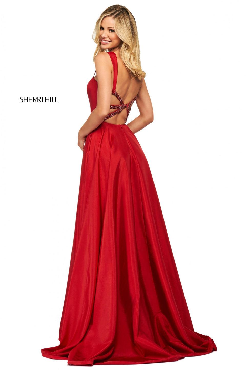 Sherri Hill Satin Gown With Skirt Slit Straight Neckline Thick Straps And Beaded Strappy Back
