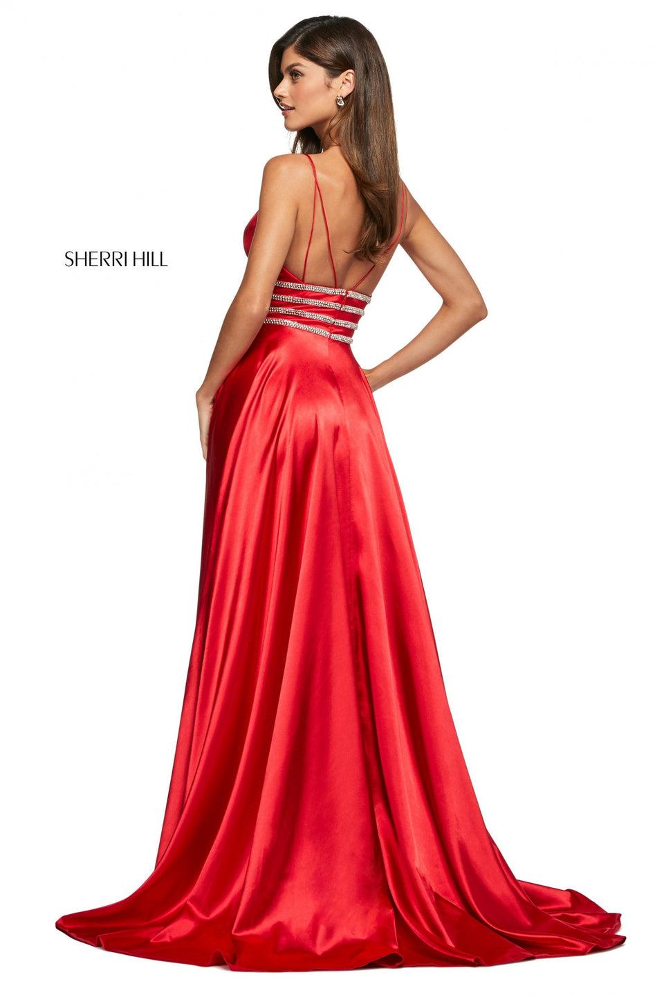 Sherri Hill Satin Gown With Skirt Slit V Neckline And Beaded Waistband
