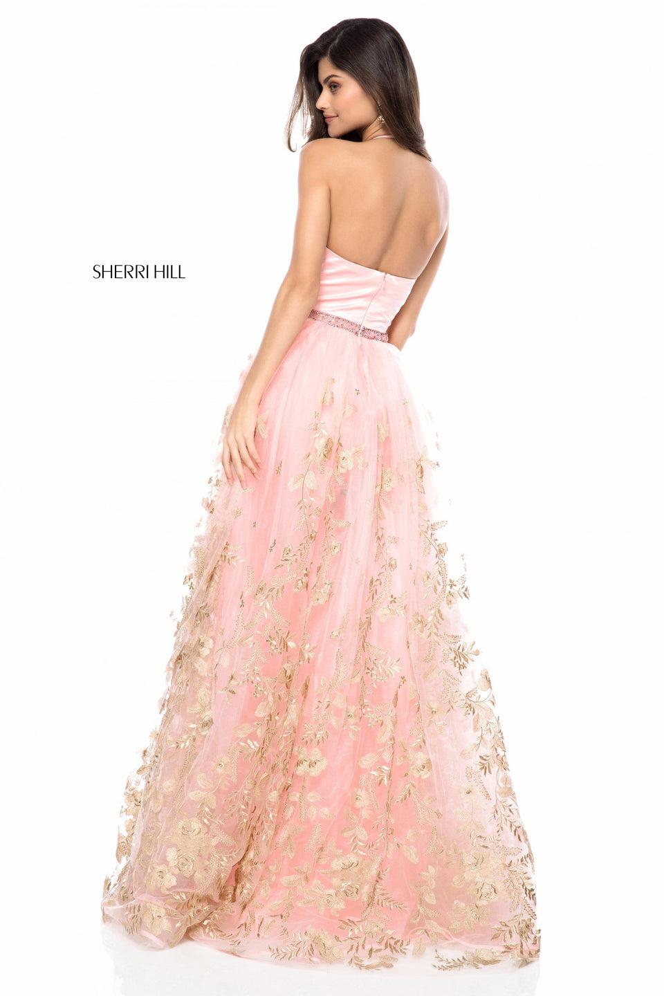 Sherri Hill Satin Halter Bodice With Gold Floral Appliqued Tulle Ball Gown Skirt