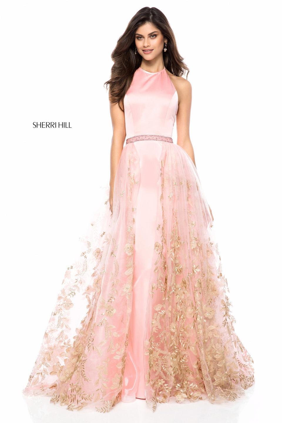 sherri hill Satin halter bodice with gold floral appliqued tulle ball gown skirt