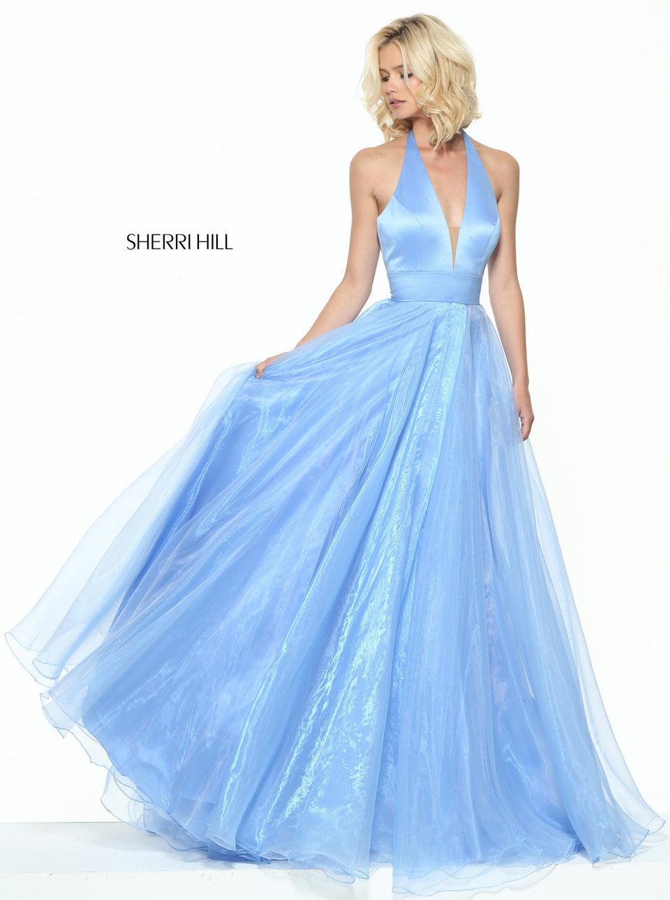 sherri hill Satin halter bodice with organza A-line skirt